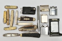 ASSORTED FRUIT/POCKET KNIVES AND LIGHTERS, eleven pocket/fruit knives, some fitted with additional