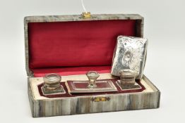 A DESK SET AND A WHITE METAL BOX, desk set containing two glass ink wells with hinged white metal