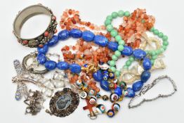 A BAG OF COSTUME JEWELLERY, to include a three strand carnelian bead necklace with a white metal