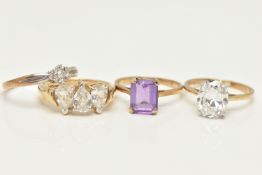 FOUR 9CT GOLD GEM SET RINGS, the first star set with a brilliant cut diamond, stamped diamond weight