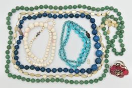 A SELECTION OF GEM NECKLACES, to include an aventurine bead quartz necklace, a conch shell bead