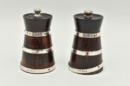 A PAIR OF GEORGE V SILVER MOUNTED TREEN PEPPERMILLS OF MILK CHURN OUTLINE, each mounted with three