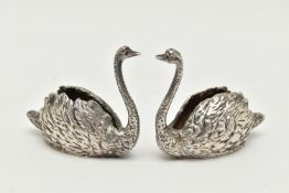 A PAIR OF ELIZABETH II SILVER SWAN FIGURES, realistically textured swans, each hallmarked 'J B