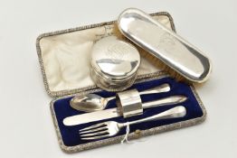A SMALL GROUP OF SILVER, comprising a cased christening set of Rat tail pattern fork and spoon