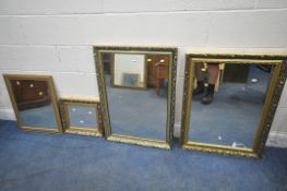 FOUR RECTANGULAR GILT FRAME WALL MIRRORS, three with similar frames, largest 87cm x 62cm (