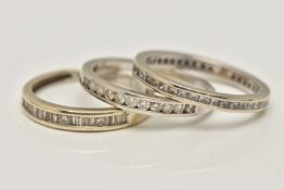 ONE 9CT WHITE GOLD DIAMOND ETERNITY RING AND TWO HALF ETERNITY RINGS, all channel set, the full