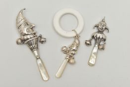 THREE SILVER JESTER BABY RATTLES, the first jester fitted with two bells, and a mother of pearl