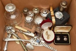 A BOX OF SILVER AND OTHER ITEMS, to include a glass scent bottle with silver hinged cover and