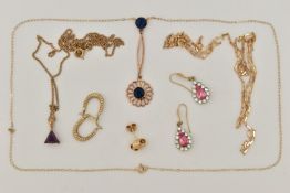 A SELECTION OF JEWELLERY, to include a 9ct gold triangular amethyst pendant, suspended from a fine