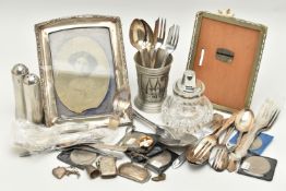 A SHOE BOX OF SILVER AND OTHER ITEMS, to include a small rectangular vesta case, detailed with a