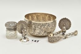 A SMALL GROUP OF LATE 19TH/20TH CENTURY INDIAN WHITE METAL, comprising a circular sugar bowl with