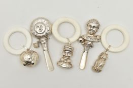 FIVE SILVER BABY RATTLES, to include a silver apple rattle, hallmarked 'Quarrier Ward Ltd'