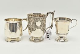 THREE VICTORIAN/20TH CENTURY SILVER CHRISTENING MUGS, comprising a Victorian example with beaded