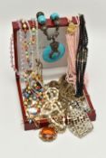 A SMALL BOX OF COSTUME JEWELLERY, to include a mother of pearl bead necklace, beaded necklaces,