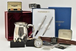 A BOX OF ASSORTED ITEMS, to include a base metal, manual wind open face pocket watch, round white