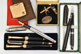 A BOX OF ASSORTED ITEMS, to include a 'Cross' fountain pen, a boxed 'Ronson' three piece set