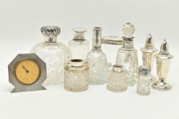 A BOX OF ASSORTED SILVER TOPPED TOILET JARS AND SCENT BOTTLES, to include a round glass scent bottle