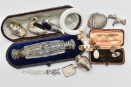 A BAG OF ASSORTED ITEMS, to include a cased double ended clear glass scent bottle, one end with a