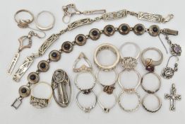 A SELECTION OF SILVER AND WHITE METAL JEWELLERY, to include a pair of Kit Heath drop earrings, a