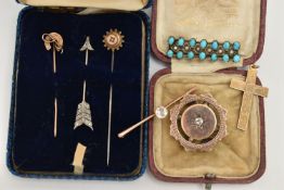 AN ASSORTMENT OF LATE 19TH AND EARLY 20TH CENTURY STICK PINS AND BROOCHES, the first a rose cut