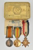 A WWI TRIO MEDAL SET AND A 1914 CHRISTMAS TIN, to include a general service medal with ribbon,