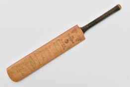 A MINIATURE NICHOLLS CRUSADER CRICKET BAT BEARING SIGNATURES, most indistinct possibly Brian