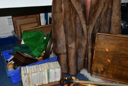 TWO BOXES AND LOOSE MISCELLANEOUS SUNDRIES to include a box of empty frames, three wall clocks, an