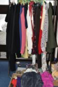 THREE BOXES AND LOOSE LADIES' CLOTHING, to include dresses, tops, gloves, skirts and jackets,