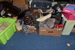 FOUR BOXES AND LOOSE WOMEN'S ACCESSORIES AND SHOES to include a box of assorted handbags and