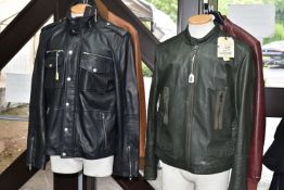 FOUR GENTLEMEN'S DESIGNER LEATHER JACKETS, a dark olive 'DKNY Jeans' biker jacket, size L, a
