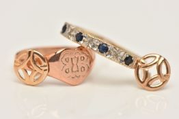 TWO 9CT GOLD RINGS AND A PAIR OF YELLOW METAL EARRINGS, the first a rose gold heart shaped signet