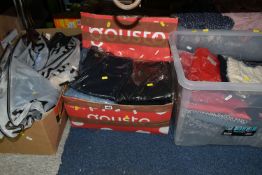 SEVEN BOXES OF LADIES' CLOTHES, to include jackets, tops, skirts, trousers, jeans, jumpers etc. some