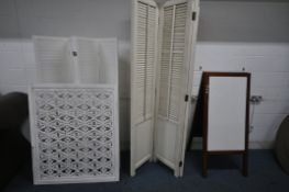 A LARGE THREE PANEL FOLDING SCREEN, with adjustable louvre blinds, height 211cm, a smaller four