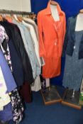ONE BOX OF WOODEN COAT HANGERS AND A LARGE QUANTITY OF LADIES' AND GENT'S CLOTHING, over sixty items