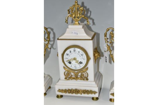 AN ALABASTER AND GILT METAL CLOCK GARNITURE, the central clock flanked by two urns, case - Image 2 of 13