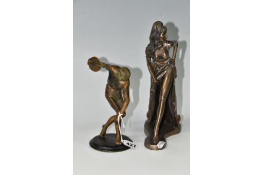 TWO BRONZED FIGURES, comprising The Discobulus after Myron, a bronzed metal figure of a discus - Image 2 of 5