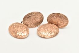 A PAIR OF EDWARDIAN 9CT GOLD CUFFLINKS, each designed as oval shaped cufflinks, with scroll and