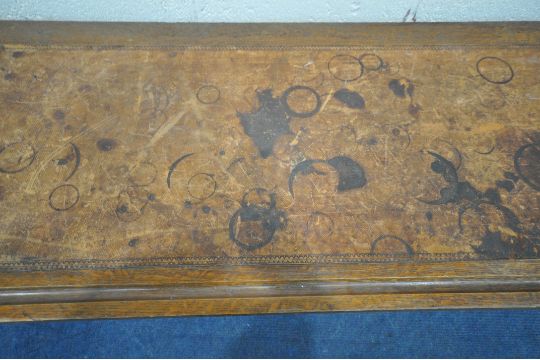 IN THE MANNER OF A.W.N PUGIN, A 20TH CENTURY OAK SLIM LIBRARY TABLE, with a tanned leather writing - Image 3 of 8