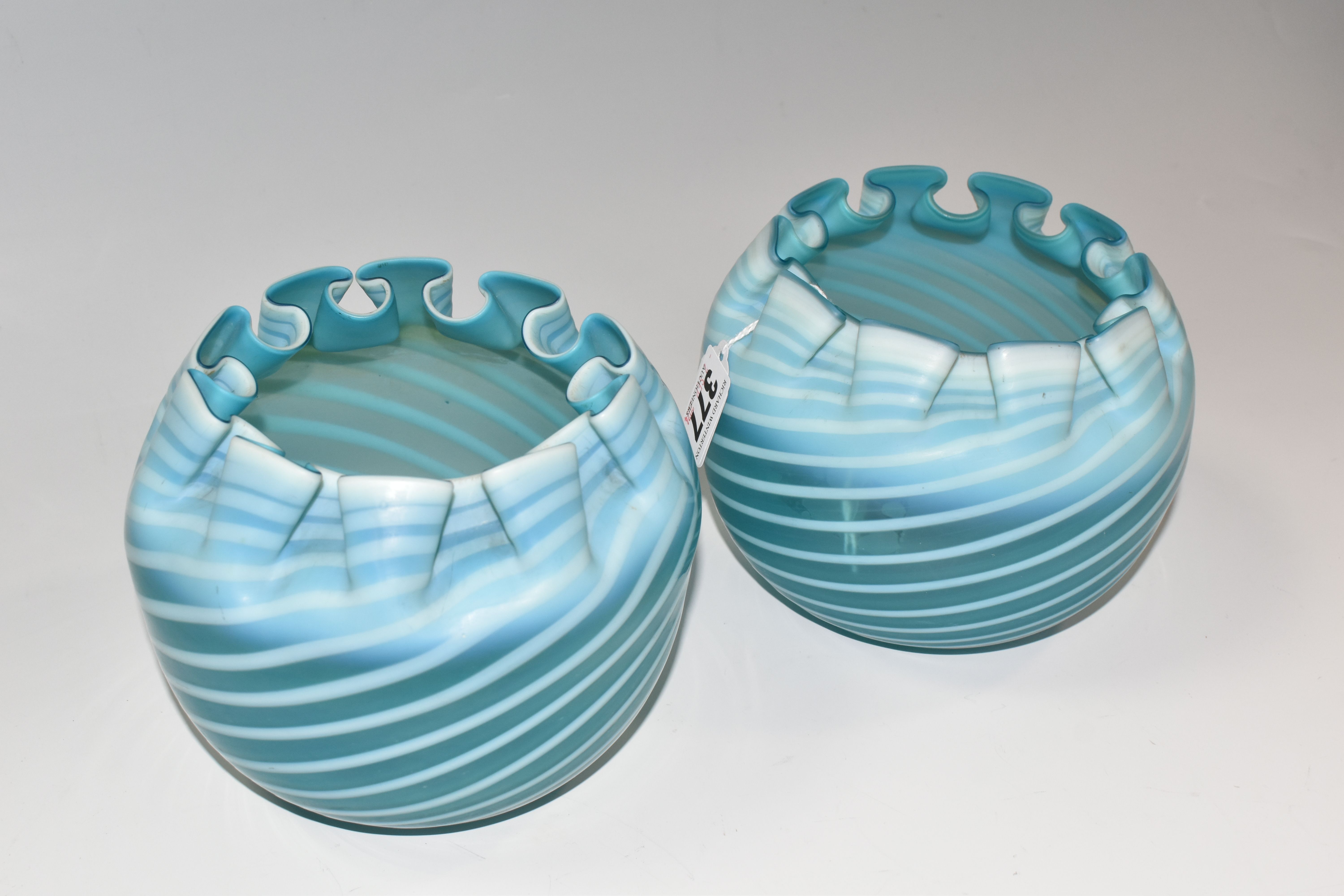 A PAIR OF STOURBRIDGE BLUE SPIRAL WAVY FORM GLASS VASES, of spherical form with wavy rims, and - Image 2 of 5