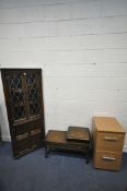 A 20TH CENTURY OAK CORNER CUPBOARD, with double lead glazed doors, above double cupboard doors,