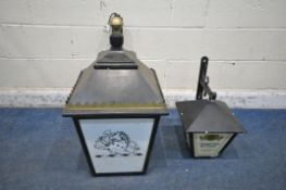 A BANKS'S PUB WALL LANTERN, the four sides with tapered form, the bracket with scrolled detail, a