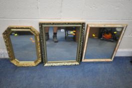 A RECTANGULAR GILT FRAME WALL MIRROR, 62cm x 51cm, another gilt frame mirror, along with a foliate