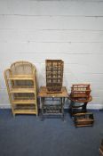 A WICKER FOUR TIER FOLDING BOOKCASE, a wine rack, a bamboo table, along with three magazine racks (
