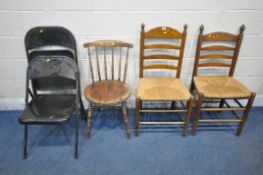 TWO 20TH CENTURY OAK LADDER BACK CHAIRS, with rush seats, a chair with a circular seat, along with a