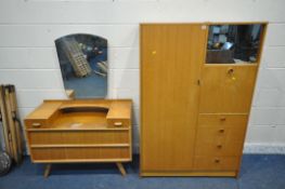 A MID CENTURY AVALON GENTLEMANS WARDROBE, fitted with a single door, two sliding mirror doors, a