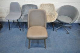 FIVE ASSORTED MODERN CHAIRS, varying in shape, size, colour, fabric, styles, etc (condition