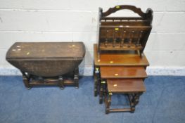 THREE PIECES OF OAK OCCASIONAL FURNITURE, to include a nest of three tables largest table width 51cm