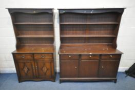A STAG MINSTREL DRESSER, the two tier plate rack, atop a base with three drawers, above three