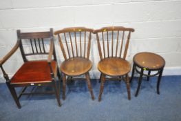 A FISCHEL CIRCULAR STOOL, a pair of spindle back chairs, along with another chair (condition report: