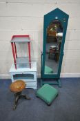 A PAINTED BEVELLED EDGE CHEVAL MIRROR, height 167cm, a media cabinet, a two tier table, a swivel